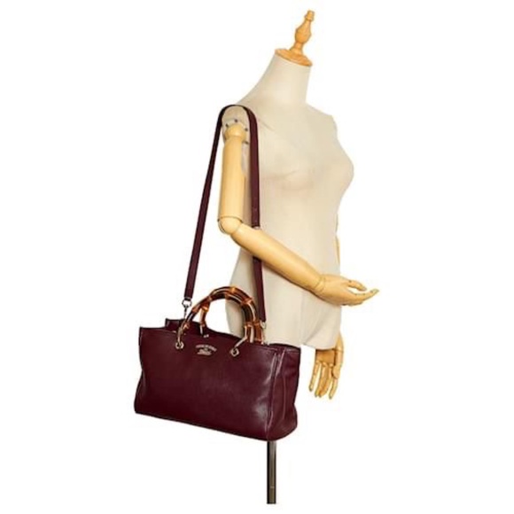 Authentic GUCCI Pebbled Leather Medium Bamboo Shopping Tote Bag Burgundy - Picture 3 of 14